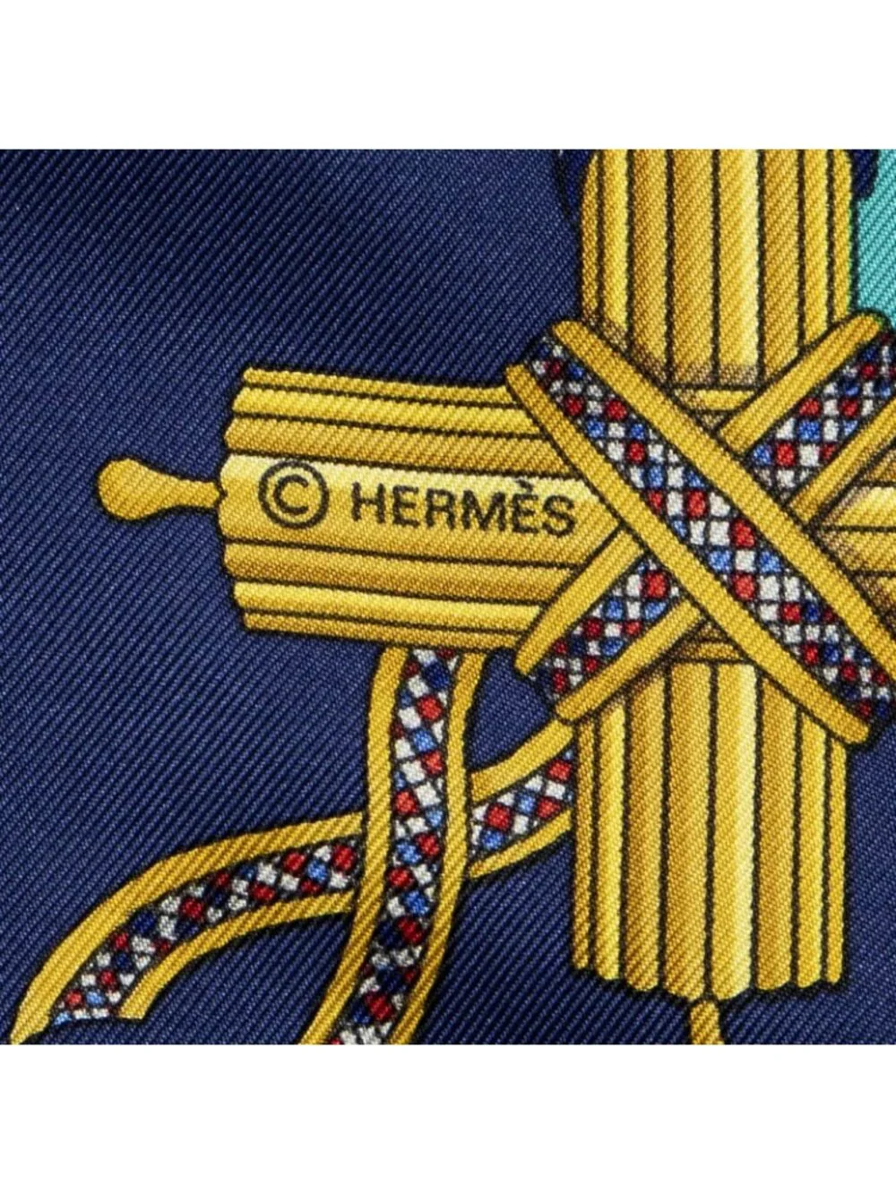 Hermes Scarf Navy Teal 100% Gold Twill Silk - Picture 4 of 5